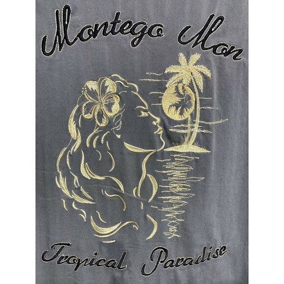 Montego Blue Silk Embroidered Button Up Camp Shirt Large Pocket Island Paradise - Picture 3 of 10